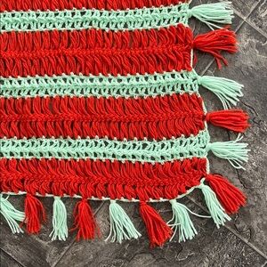 HANDMADE Turquoise & Dark Orange Crochet Cottagecore Throw Blanket with Tassels